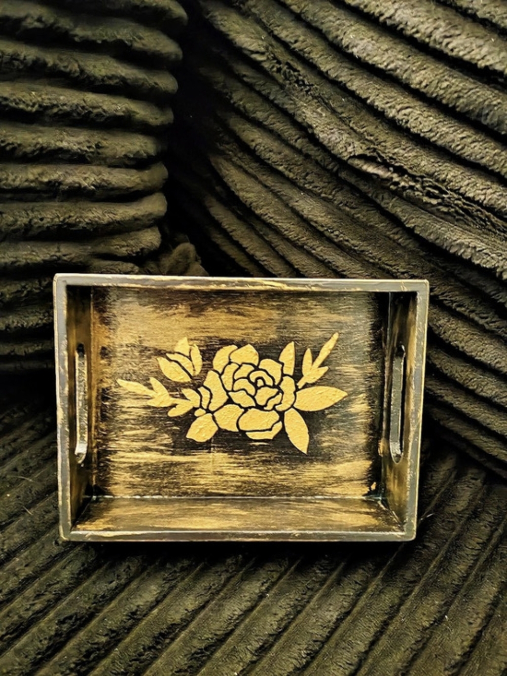 Floral Gold & Black Decorative Tray